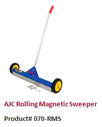 The AJC Rolling Magnetic Sweeper uses powerful magnets to pick up metal objects